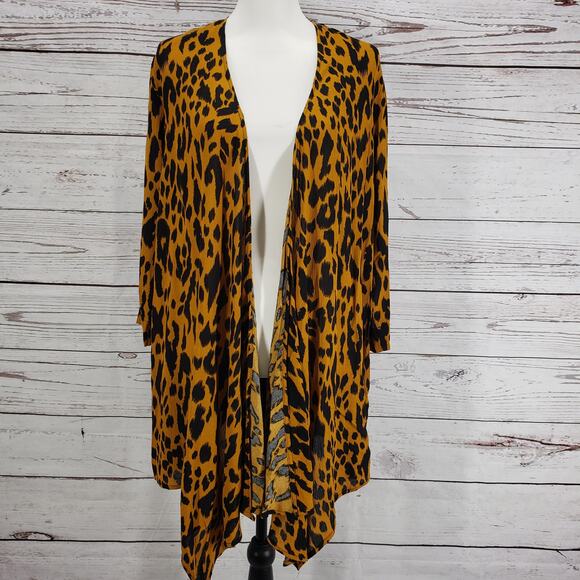 Glam Black Leopard Print Contrast Roll Tab Open Cardigan Size Medium - Picture 3 of 15